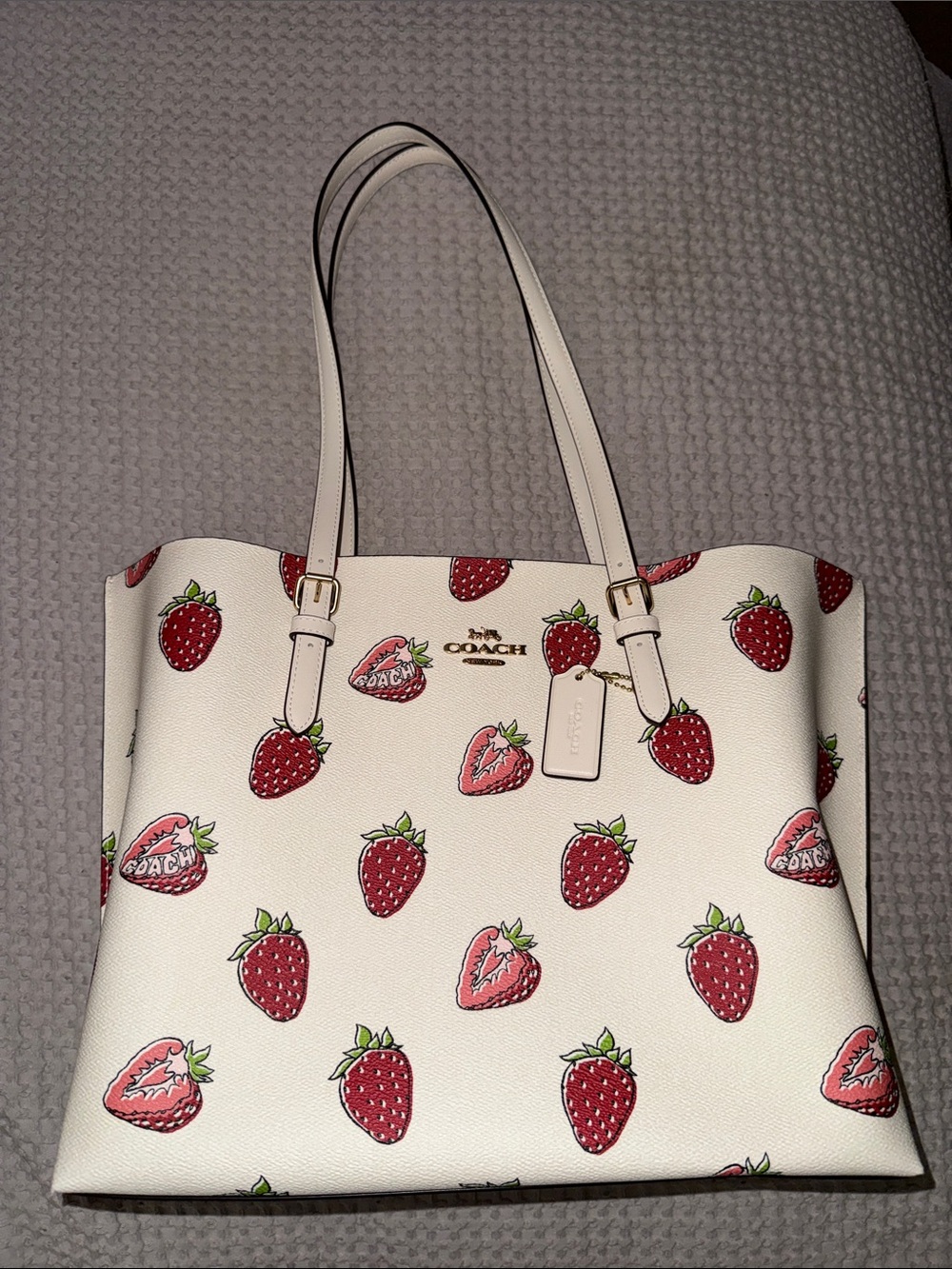 Coach Cream Leather Tote with Red Strawberry Print